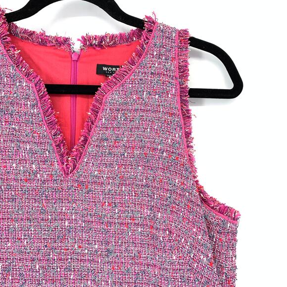 Worth Dress New York Women's Sz 6 Tweed Fringe Sheath Sleeveless Pink Multicolor - Picture 3 of 6